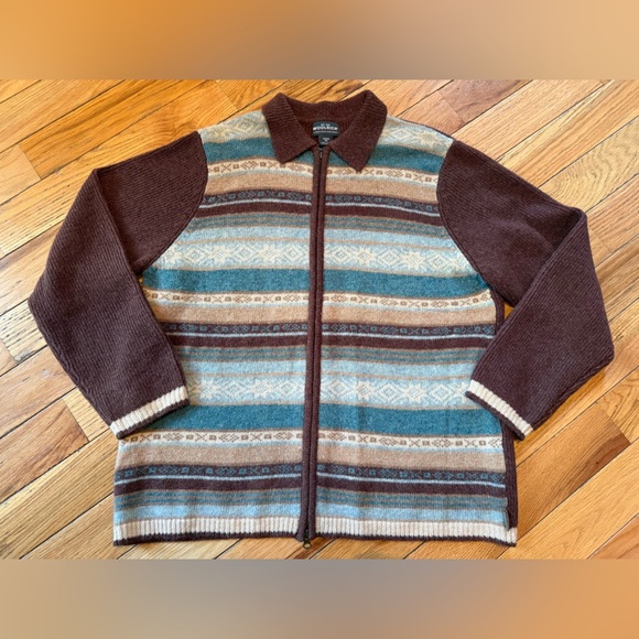 Woolrich 100% Wool Full Zip Cardigan Striped Southwestern Brown/Blue Women’s 2XL - Picture 1 of 16